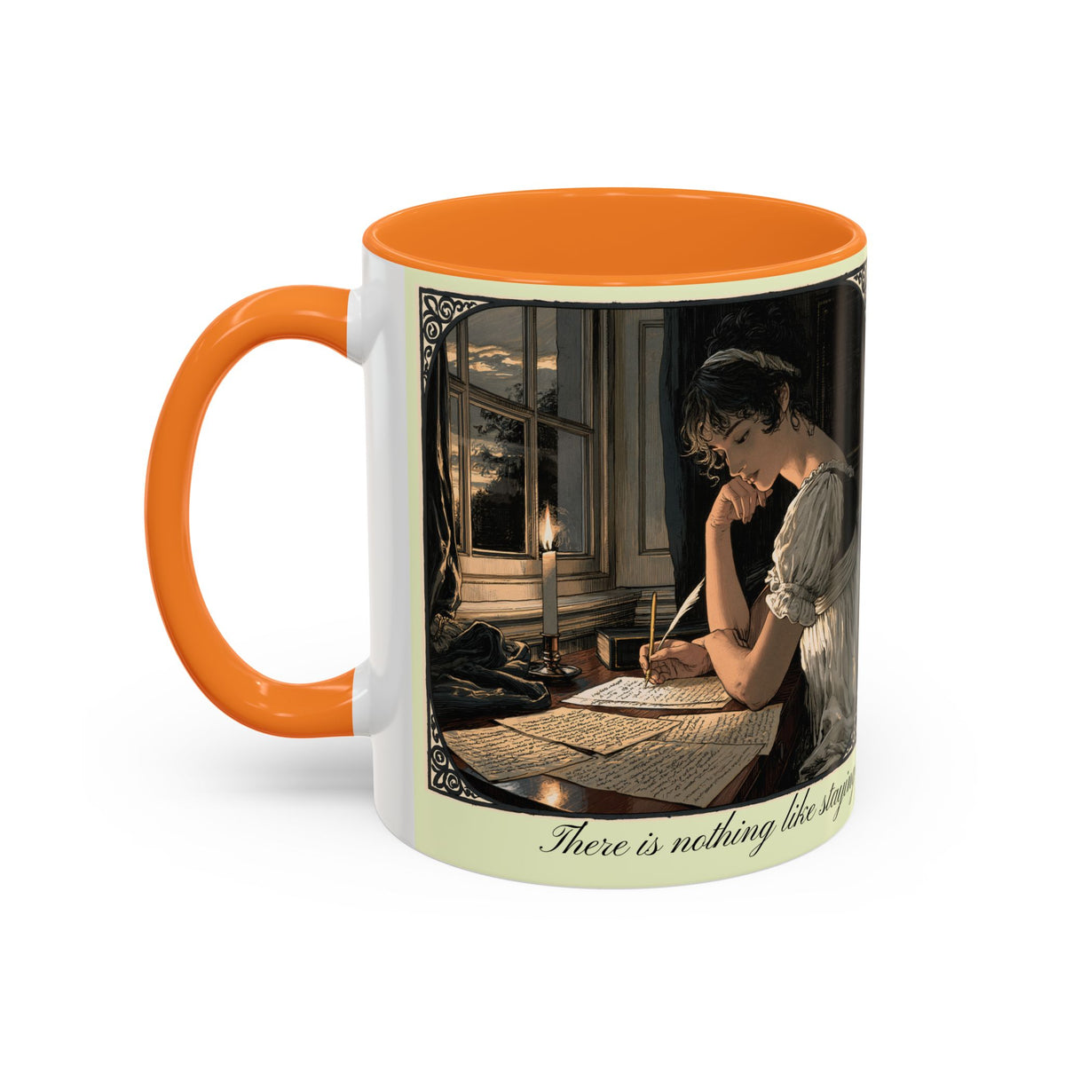 Regency Tea Quote Mug — 'Young Jane Austen Writing at Her Desk' Ceramic Coffee & Tea Cup (11oz/15oz)