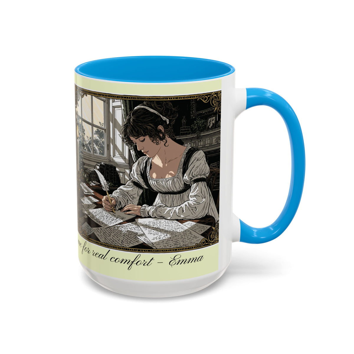 Regency Tea Quote Mug — 'Young Jane Austen Writing at Her Desk' Ceramic Coffee & Tea Cup (11oz/15oz)