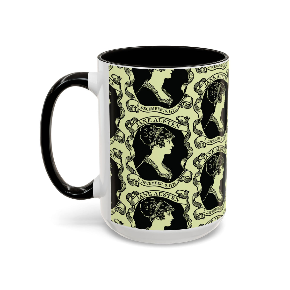 Jane Austen Cameo Pattern Coffee Mug — Literary Tea & Coffee Cup (11oz/15oz)