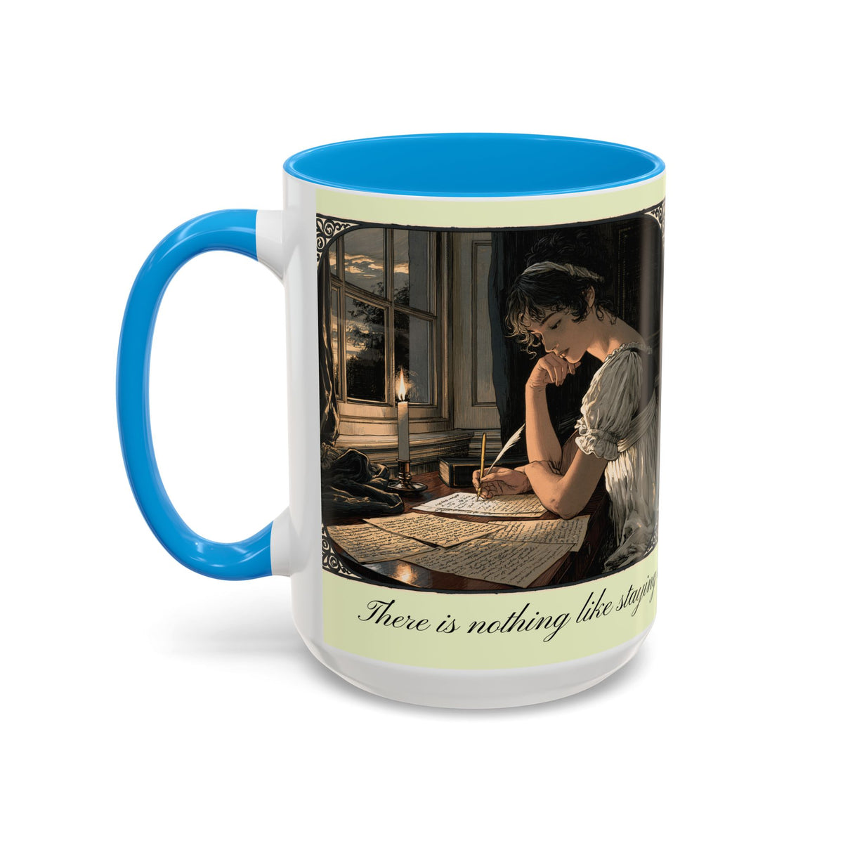 Regency Tea Quote Mug — 'Young Jane Austen Writing at Her Desk' Ceramic Coffee & Tea Cup (11oz/15oz)