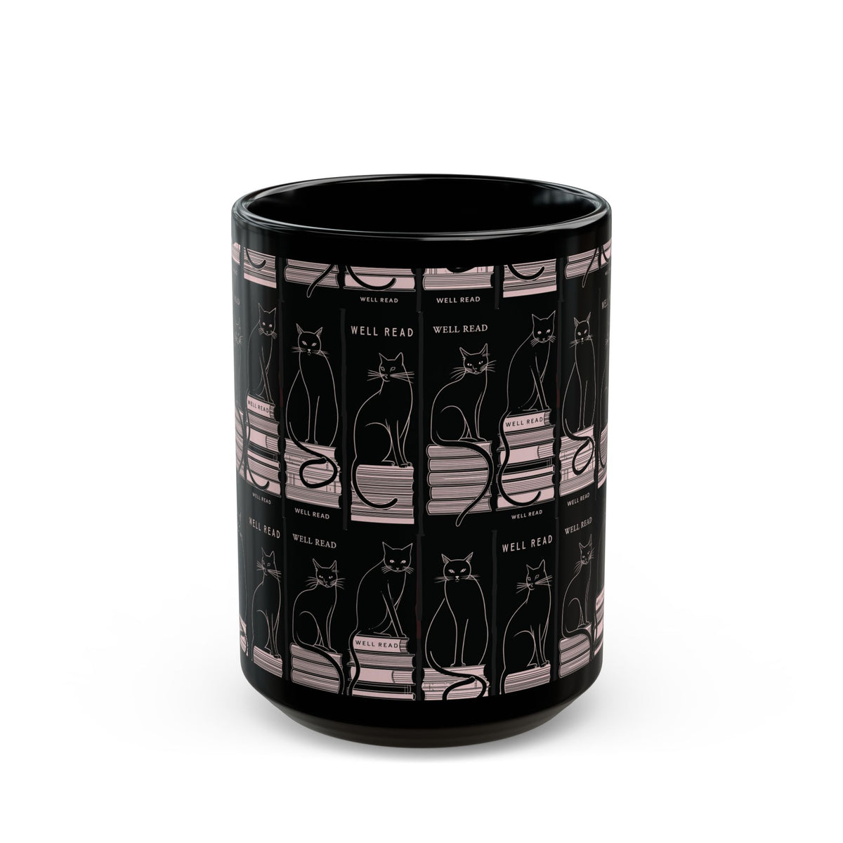 Bookish Black Cat Mug | Reading Cats Pattern on Black Ceramic Mug