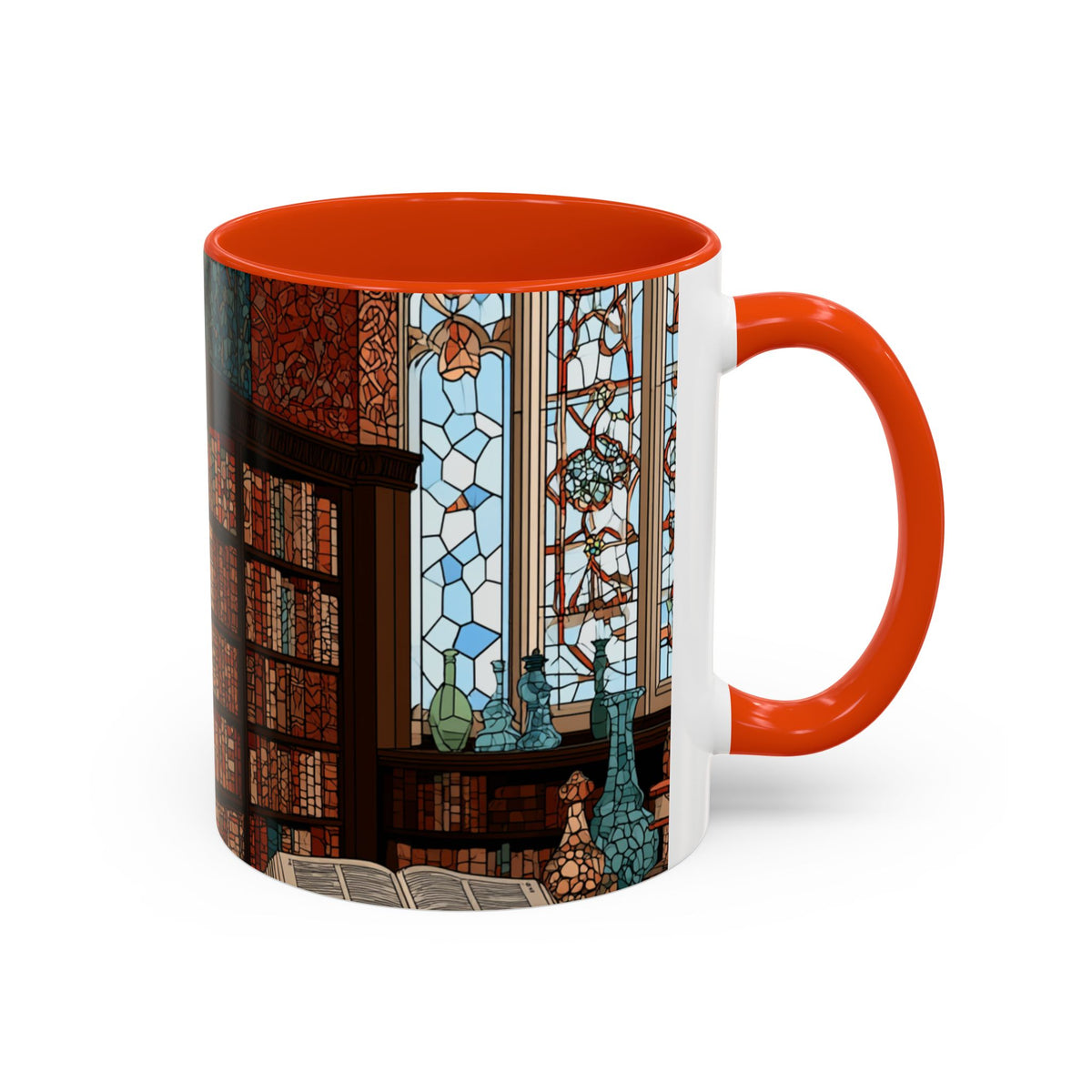 Cozy Library/Bookstore - Stained Glass Illustration Mug | Color Accent Ceramic Mug
