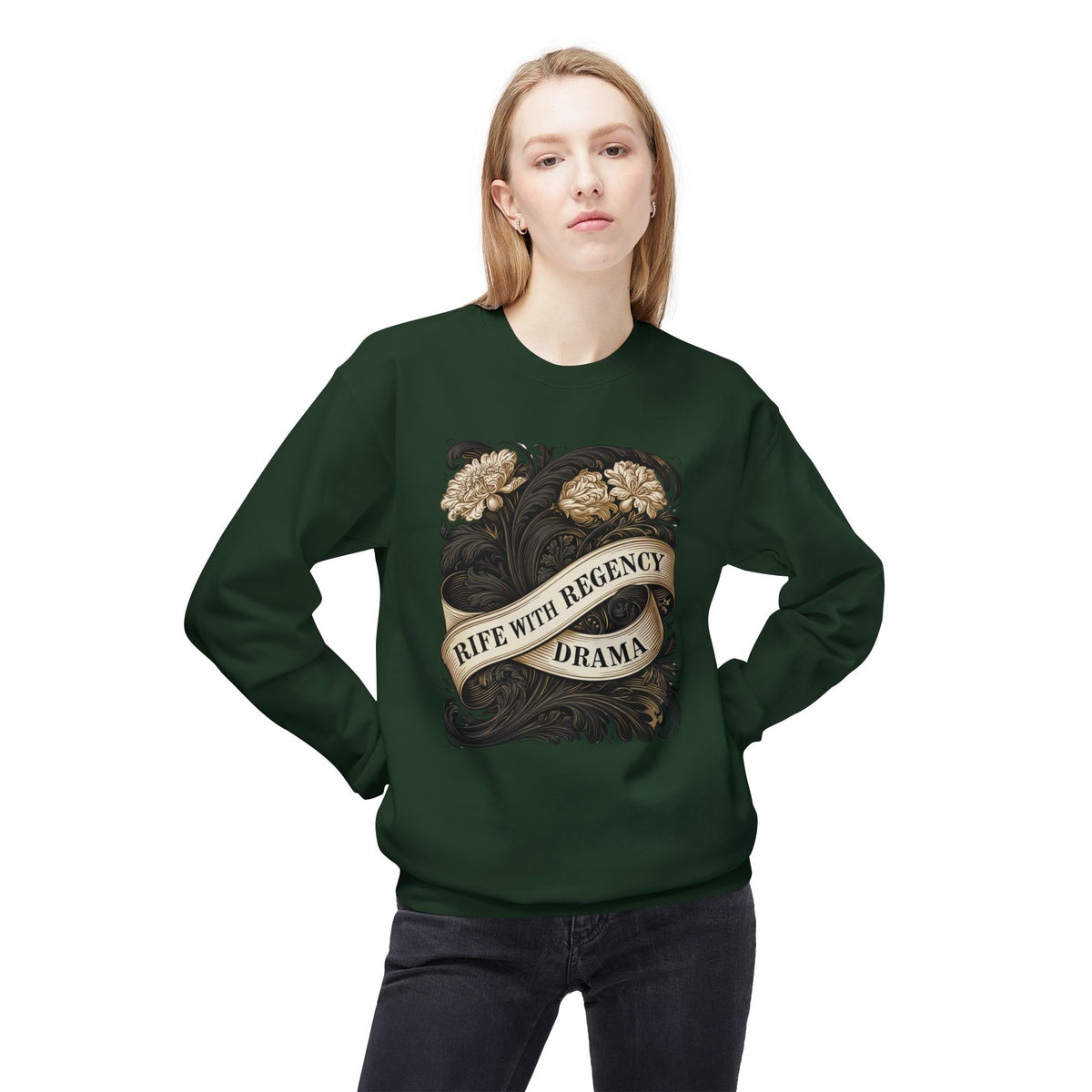Regency Drama Crewneck Sweatshirt — "Rife With Regency Drama" Vintage Floral Graphic