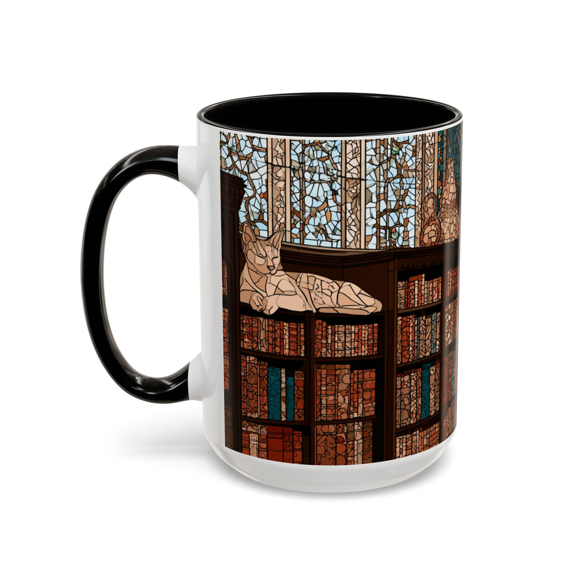 Cozy Library/Bookstore - Stained Glass Illustration Mug | Color Accent Ceramic Mug