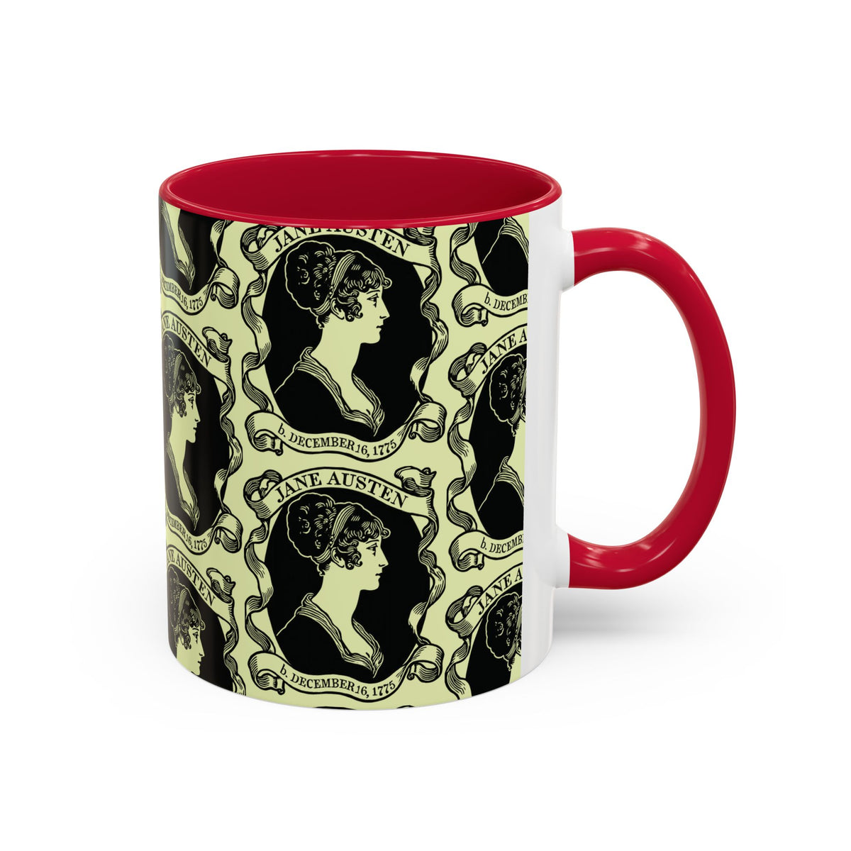 Jane Austen Cameo Pattern Coffee Mug — Literary Tea & Coffee Cup (11oz/15oz)