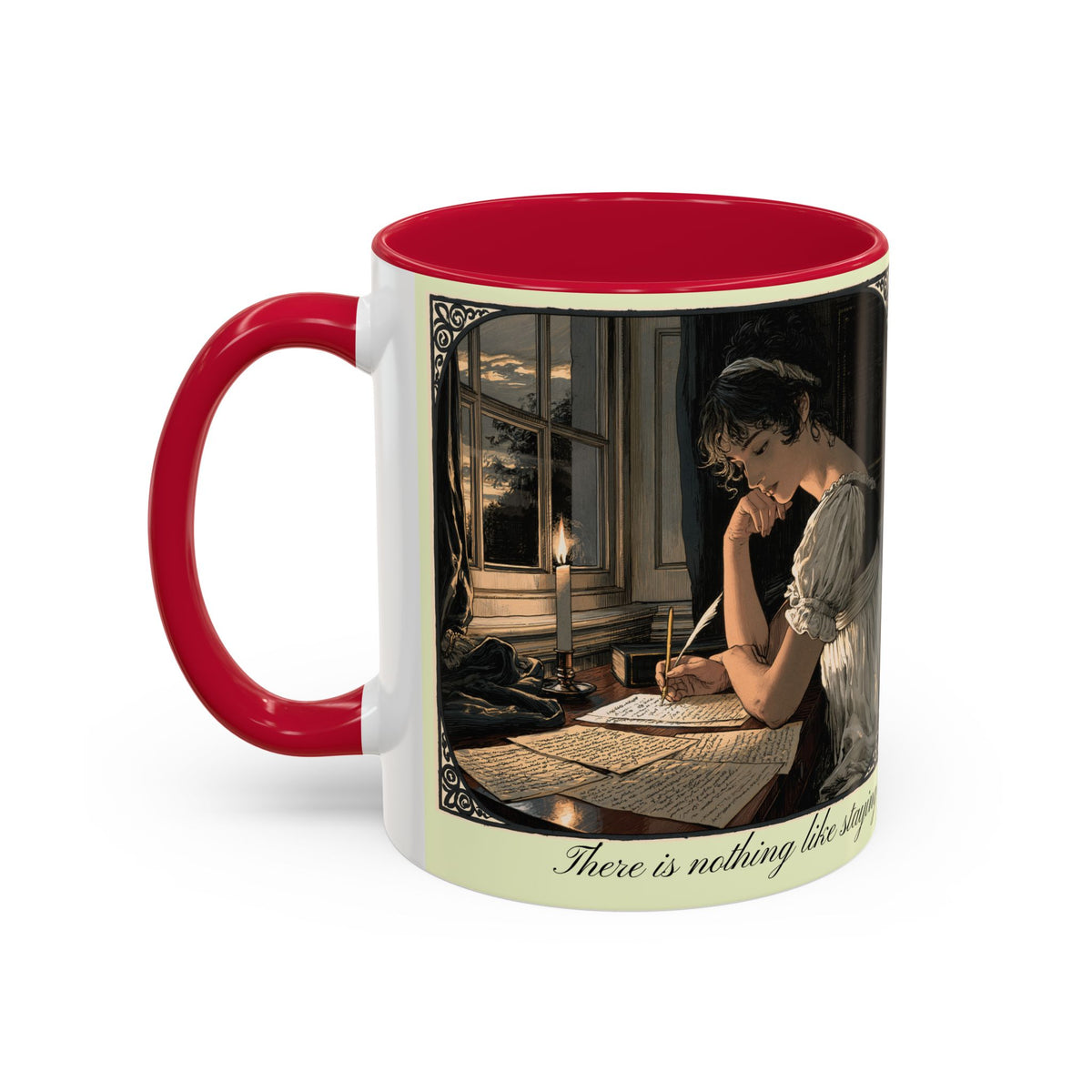 Regency Tea Quote Mug — 'Young Jane Austen Writing at Her Desk' Ceramic Coffee & Tea Cup (11oz/15oz)
