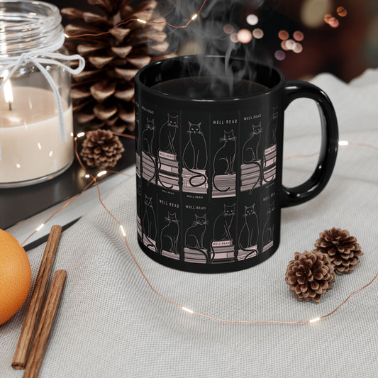 Bookish Black Cat Mug | Reading Cats Pattern on Black Ceramic Mug