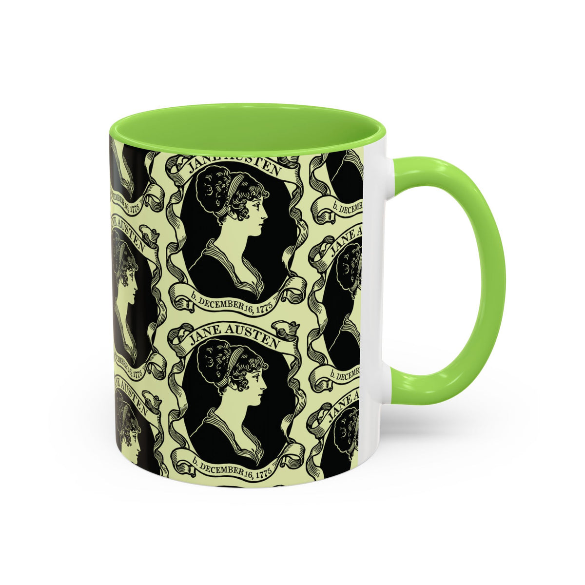 Jane Austen Cameo Pattern Coffee Mug — Literary Tea & Coffee Cup (11oz/15oz)
