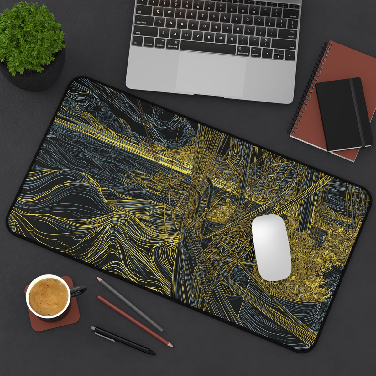 PEQUOD Illustration Desk Mat | Melville Inspired Nautical Wave Art