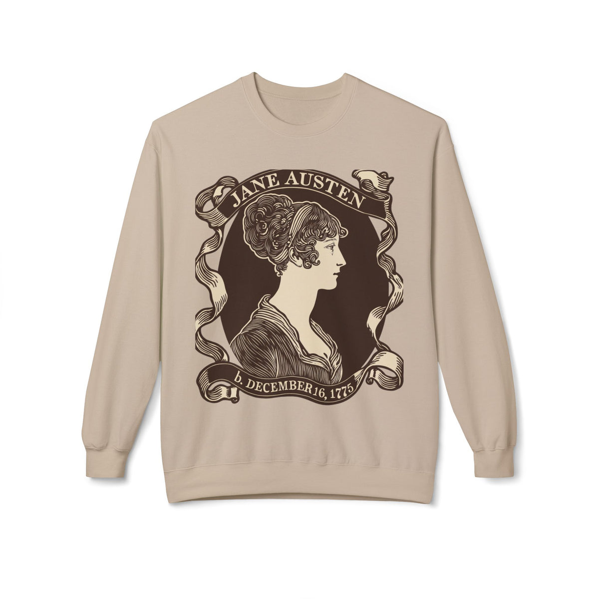Jane Austen Portrait Crewneck Sweatshirt — "Birthdate" Cameo Silhouette Literary Sweatshirt