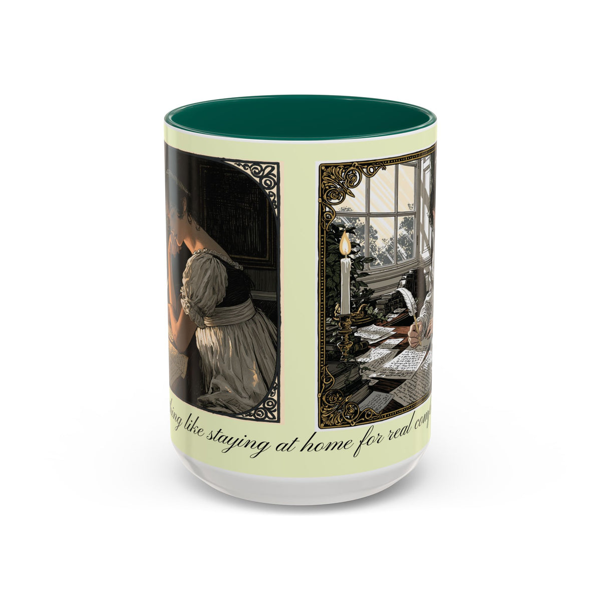 Regency Tea Quote Mug — 'Young Jane Austen Writing at Her Desk' Ceramic Coffee & Tea Cup (11oz/15oz)