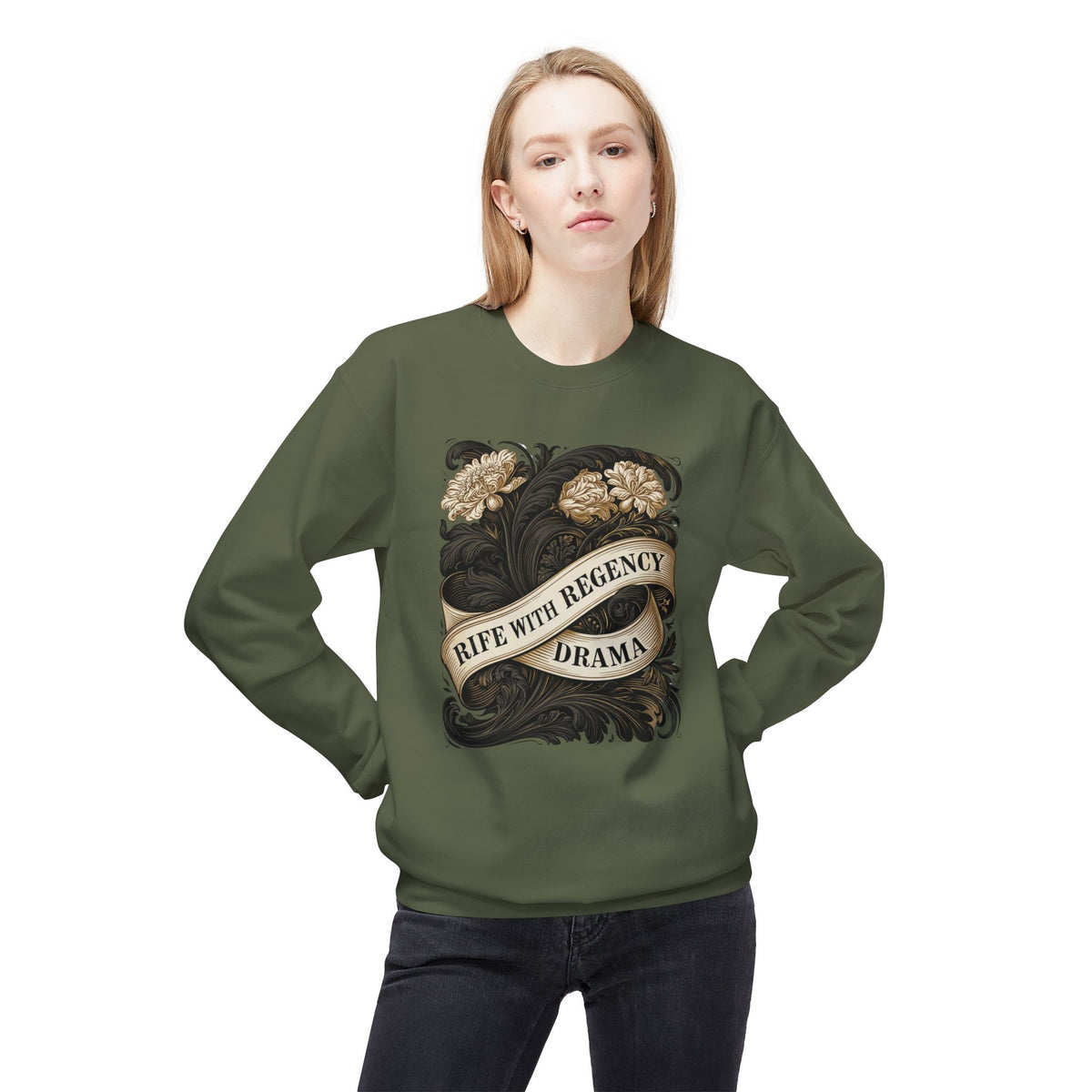 Regency Drama Crewneck Sweatshirt — "Rife With Regency Drama" Vintage Floral Graphic