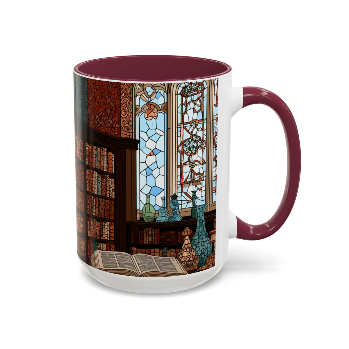 Cozy Library/Bookstore - Stained Glass Illustration Mug | Color Accent Ceramic Mug