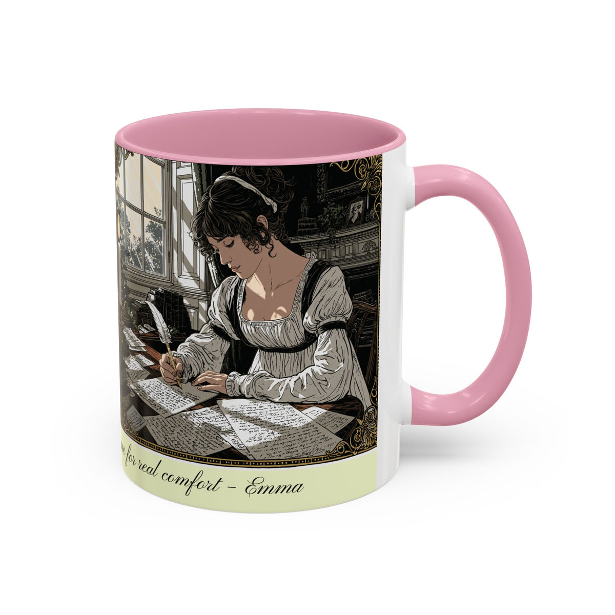 Regency Tea Quote Mug — 'Young Jane Austen Writing at Her Desk' Ceramic Coffee & Tea Cup (11oz/15oz)