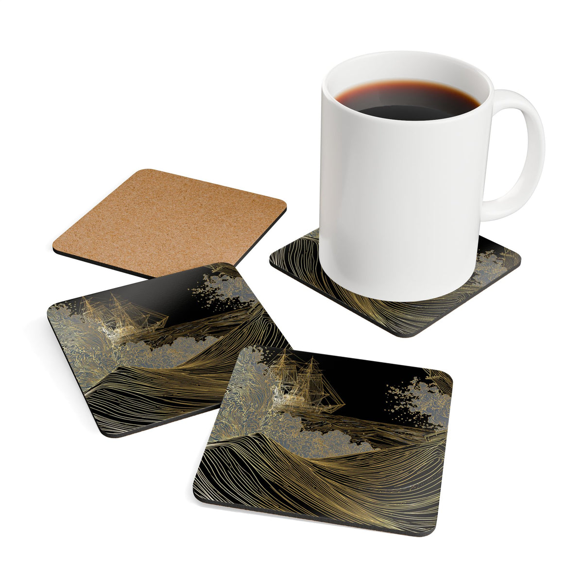 Nautical Gold Wave Cork Coaster Set — 'Pequod' Ship & Ocean Drink Coasters