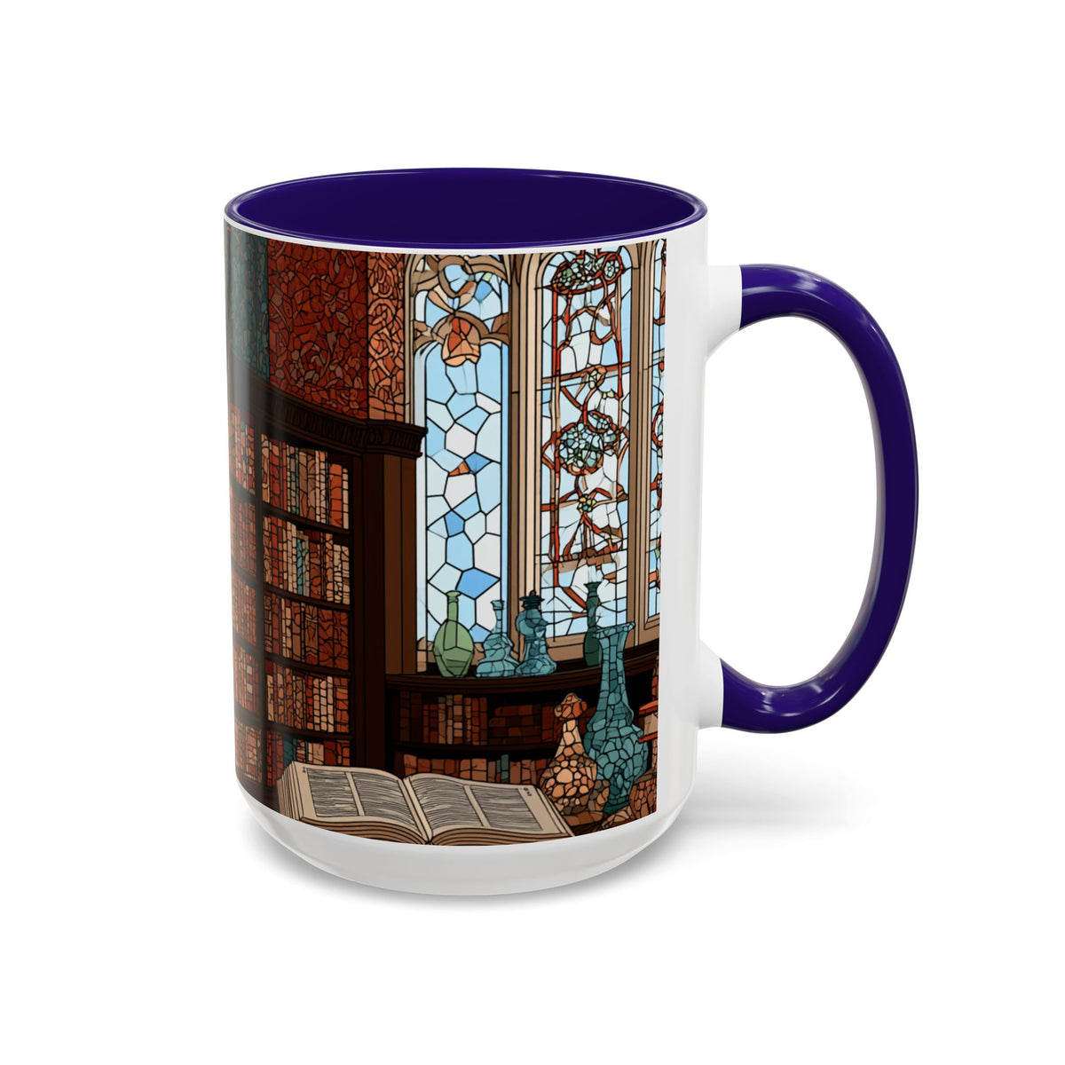 Cozy Library/Bookstore - Stained Glass Illustration Mug | Color Accent Ceramic Mug