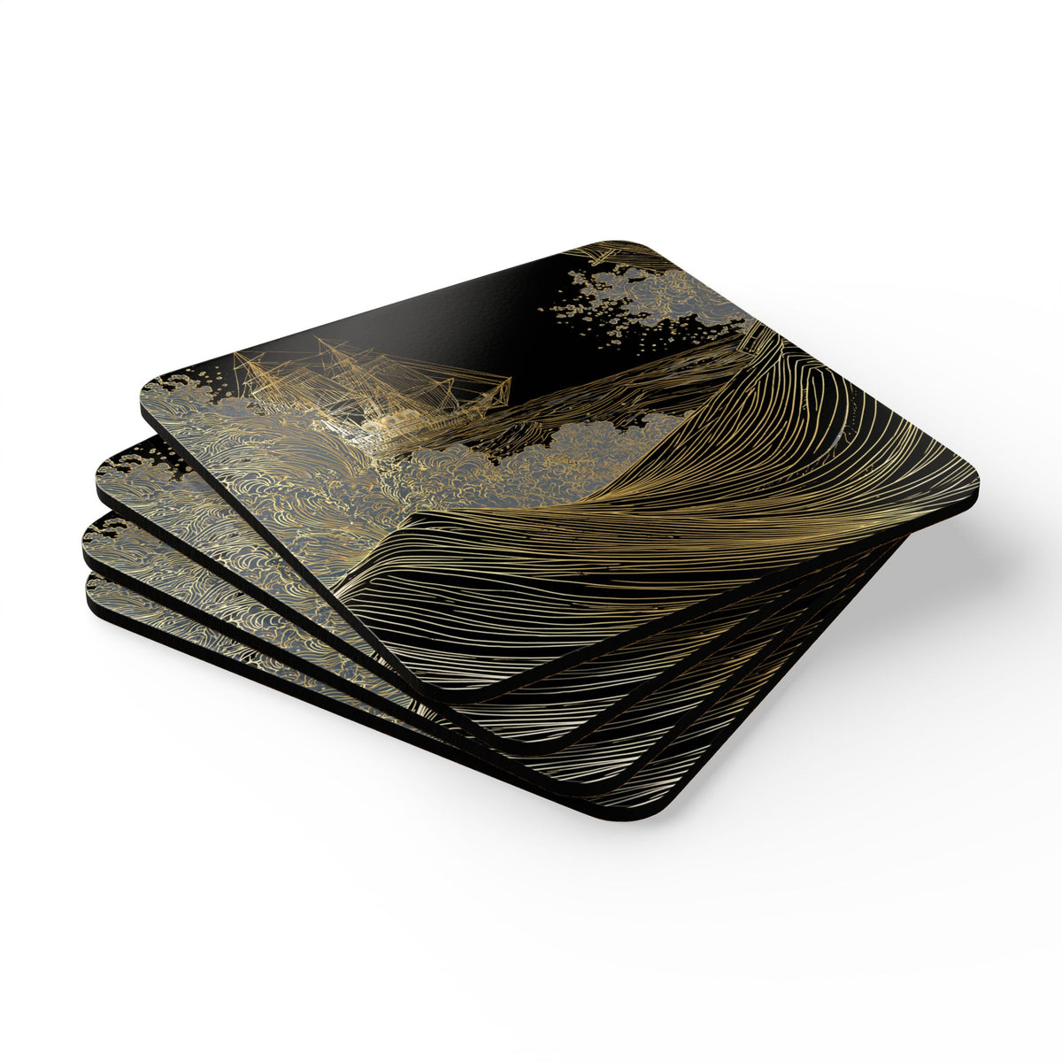 Nautical Gold Wave Cork Coaster Set — 'Pequod' Ship & Ocean Drink Coasters