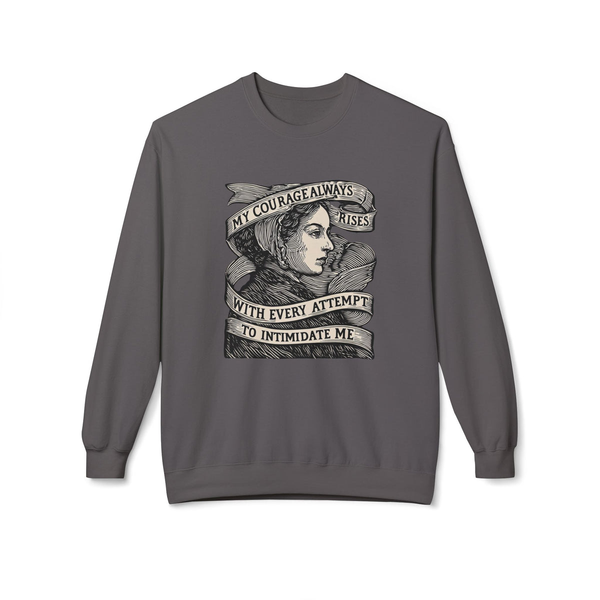 Courage Rises Crewneck Sweatshirt — Vintage Feminist Quote Graphic