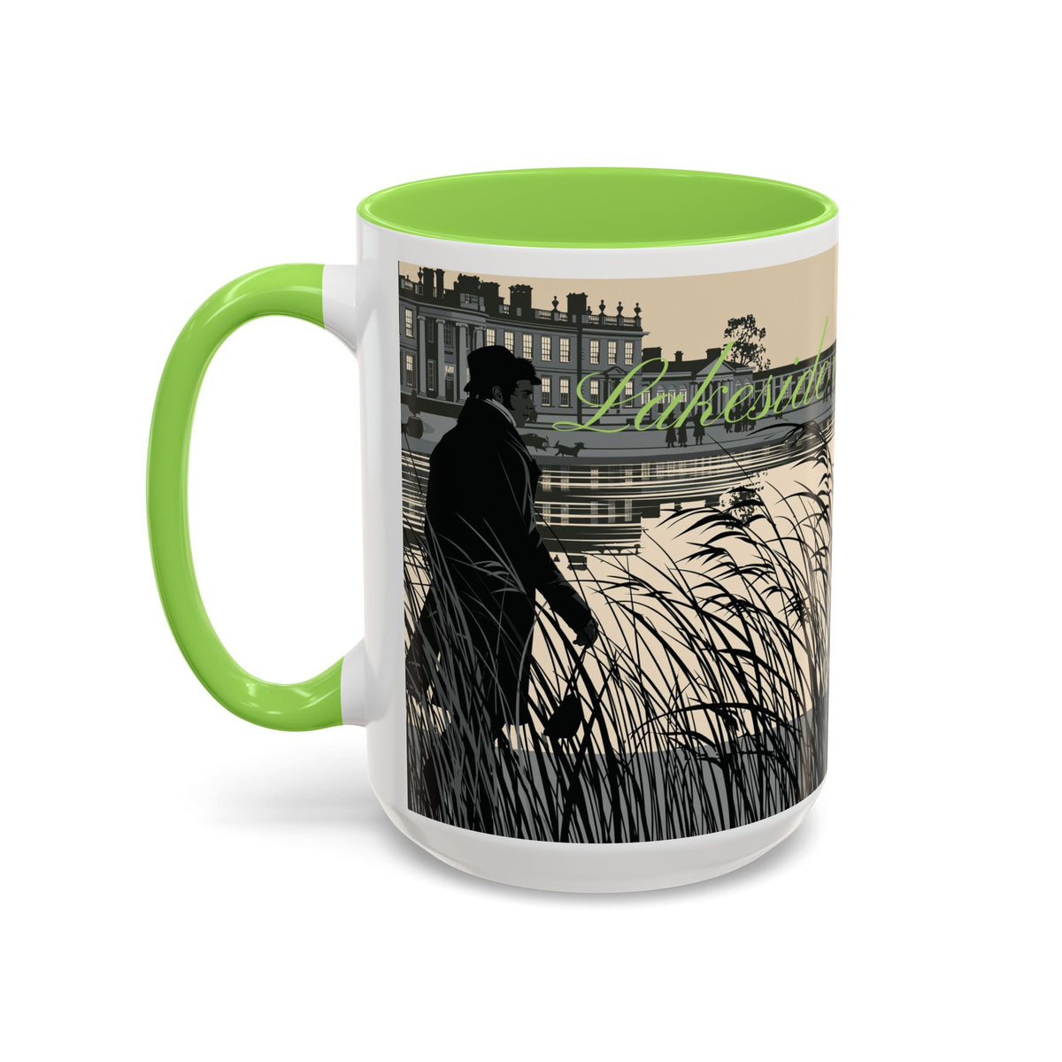Strolling Lakeside with Mr. Darcy  —  Scenic Lakeside Vintage Gentleman Mug (11oz & 15oz)