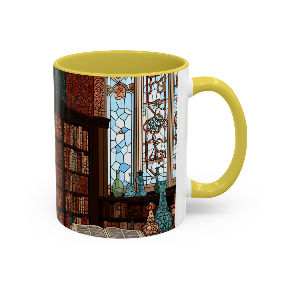 Cozy Library/Bookstore - Stained Glass Illustration Mug | Color Accent Ceramic Mug