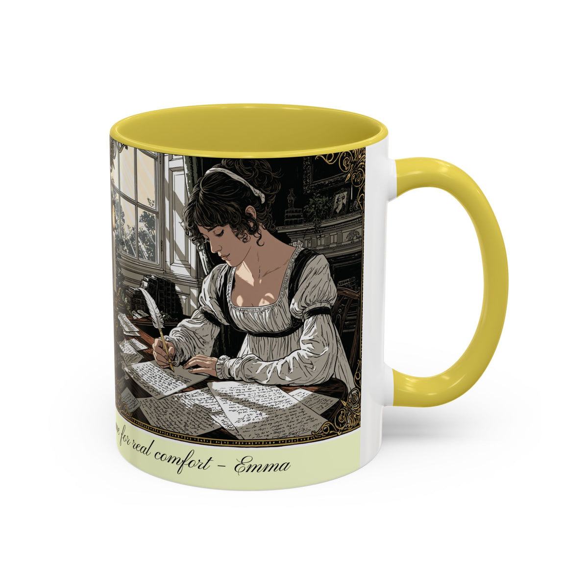 Regency Tea Quote Mug — 'Young Jane Austen Writing at Her Desk' Ceramic Coffee & Tea Cup (11oz/15oz)