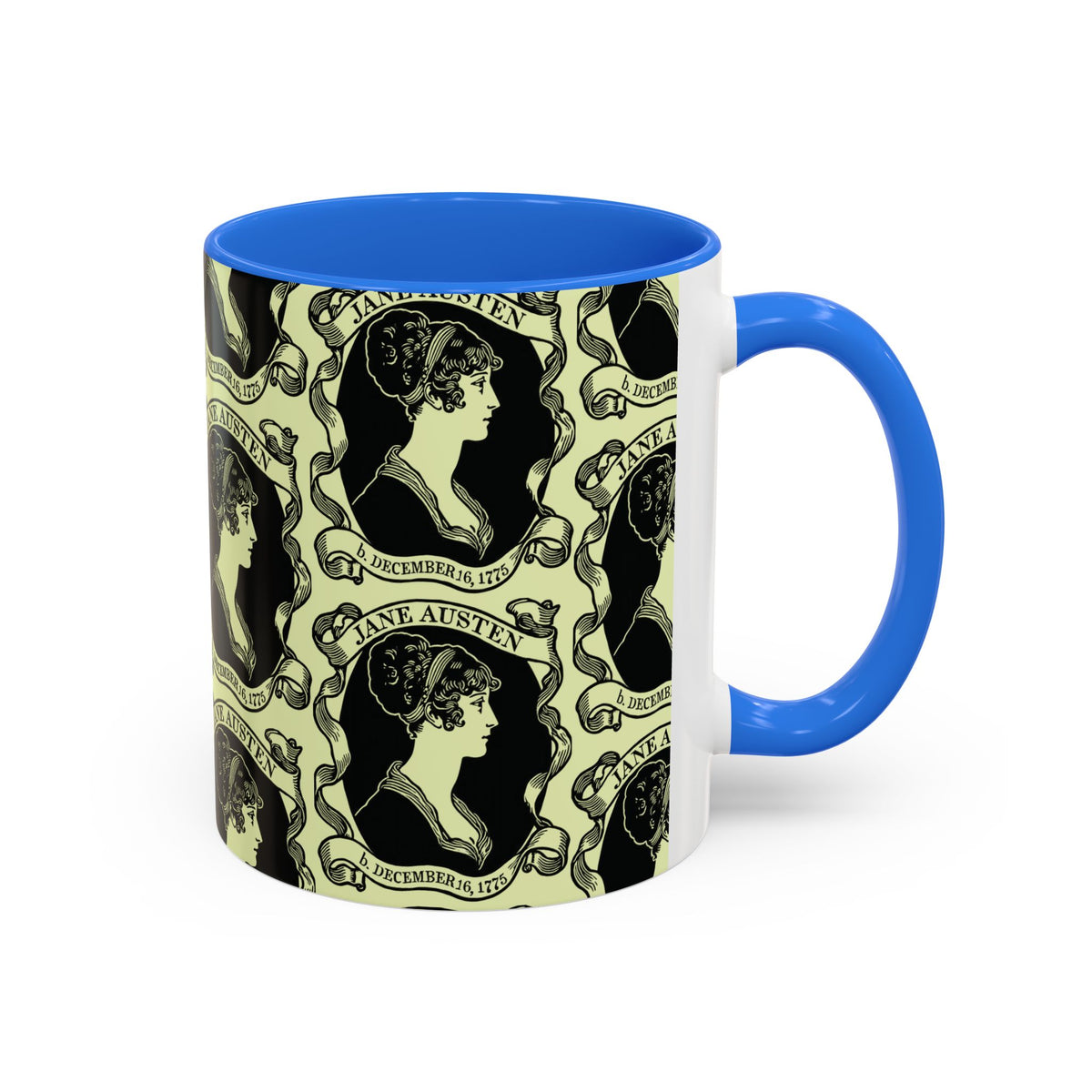 Jane Austen Cameo Pattern Coffee Mug — Literary Tea & Coffee Cup (11oz/15oz)