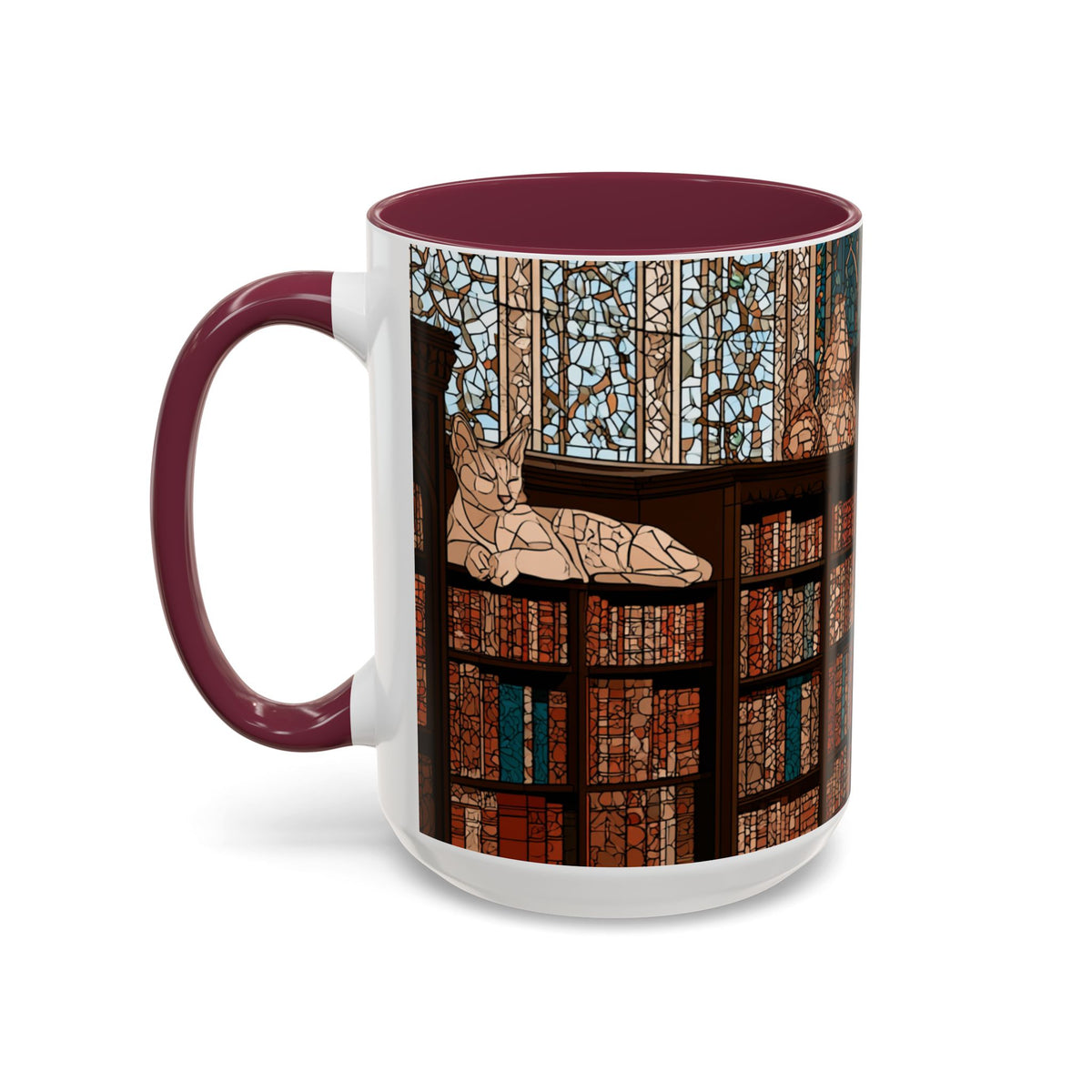 Cozy Library/Bookstore - Stained Glass Illustration Mug | Color Accent Ceramic Mug