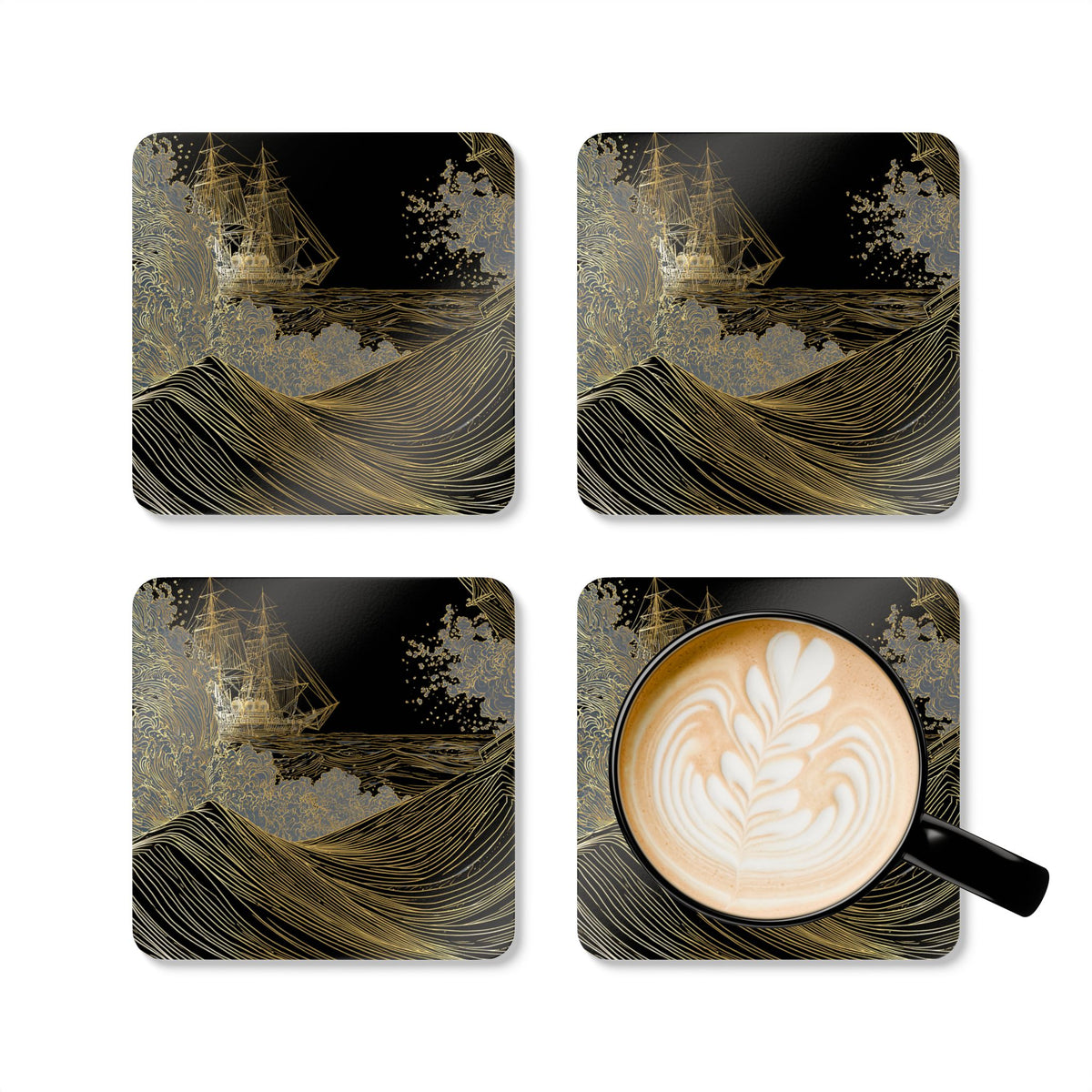 Nautical Gold Wave Cork Coaster Set — 'Pequod' Ship & Ocean Drink Coasters