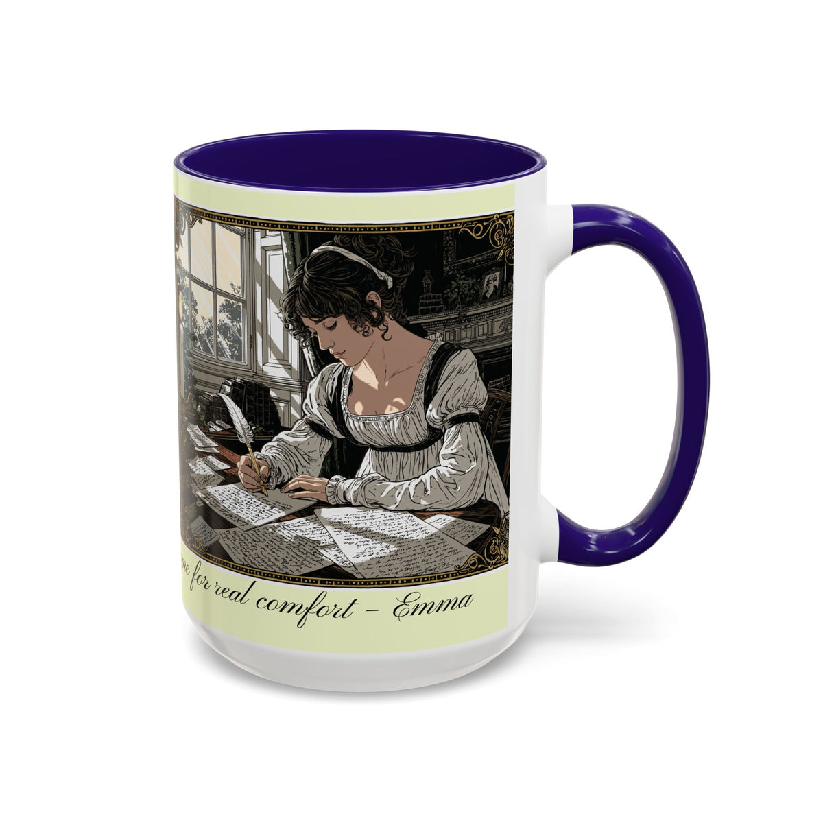 Regency Tea Quote Mug — 'Young Jane Austen Writing at Her Desk' Ceramic Coffee & Tea Cup (11oz/15oz)