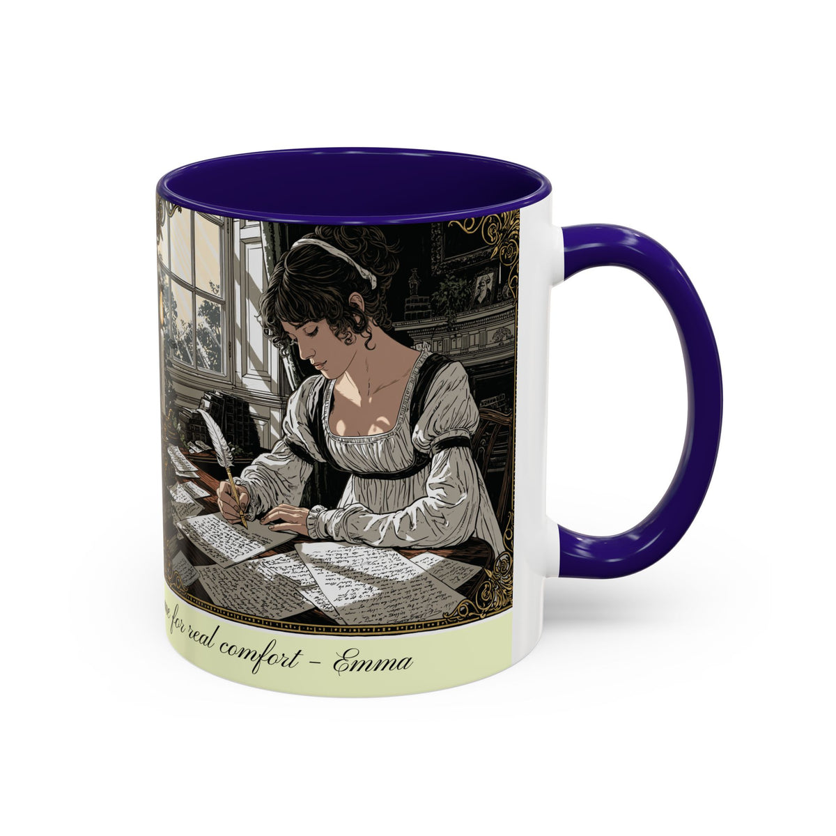Regency Tea Quote Mug — 'Young Jane Austen Writing at Her Desk' Ceramic Coffee & Tea Cup (11oz/15oz)