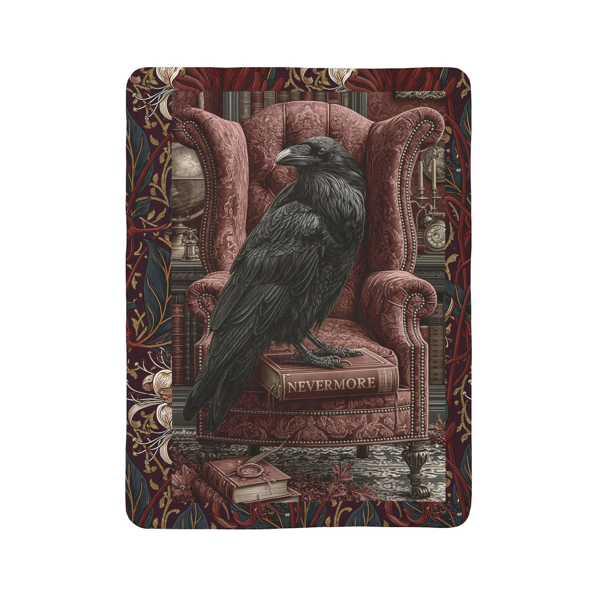 Raven on Armchair-Fleece Sherpa Blanket | Gothic Edgar Allan Poe Inspired
