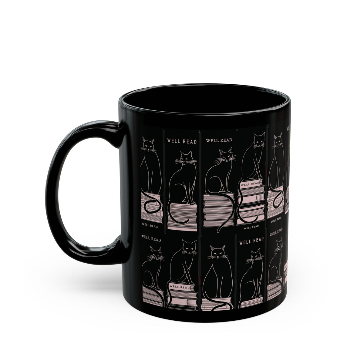 Bookish Black Cat Mug | Reading Cats Pattern on Black Ceramic Mug