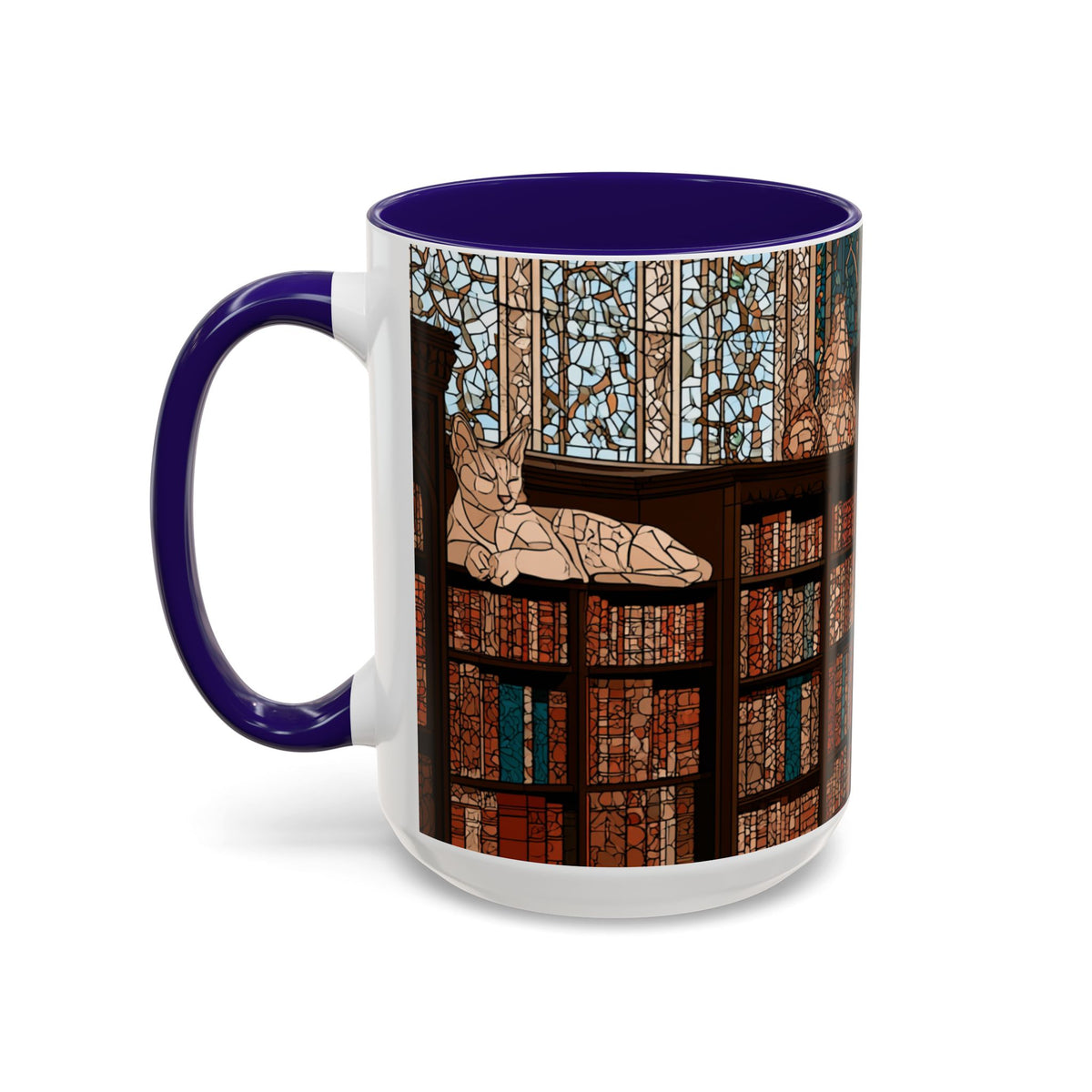 Cozy Library/Bookstore - Stained Glass Illustration Mug | Color Accent Ceramic Mug