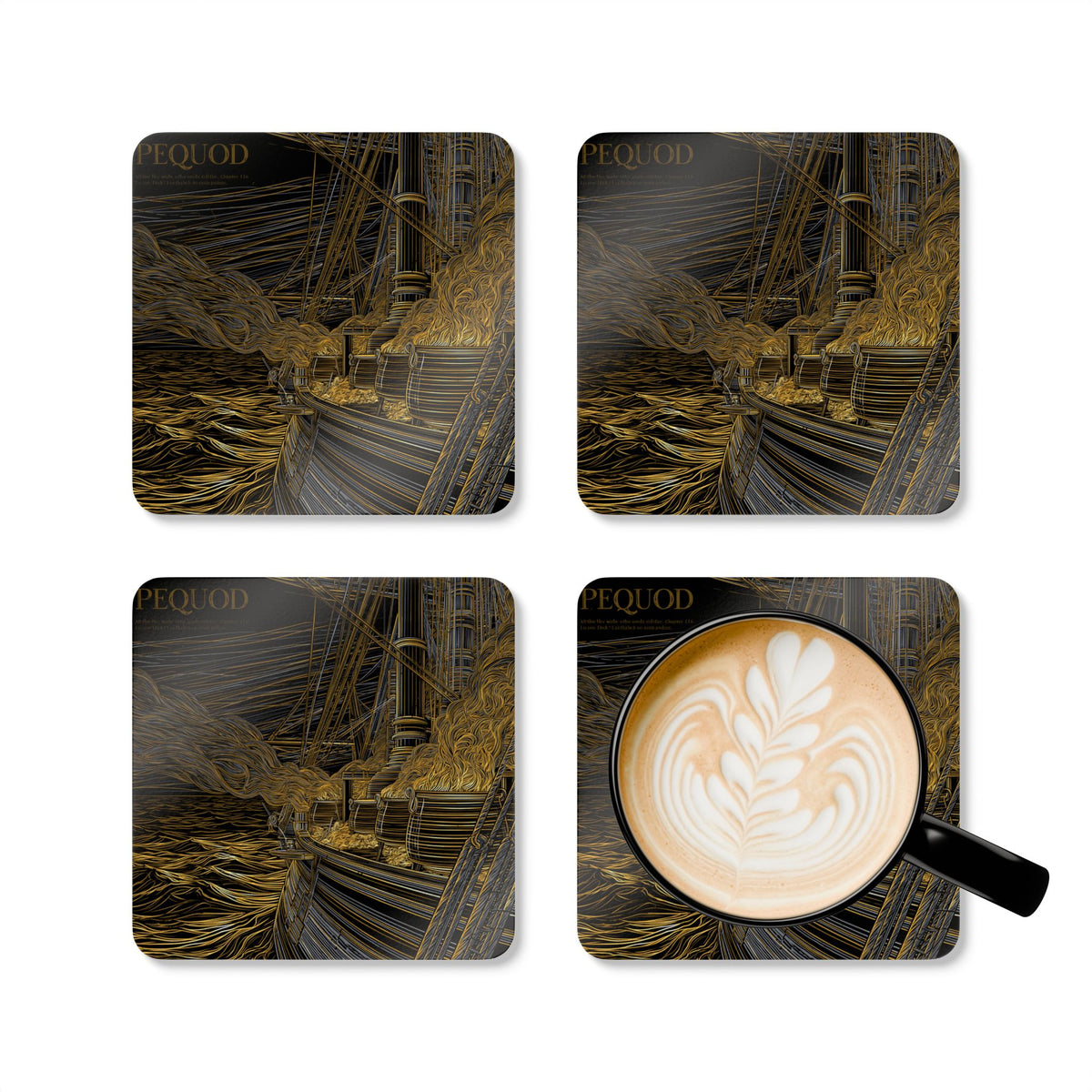 Nautical Moby-Dick Ship Coaster — Golden Line Art Cork Coaster Set
