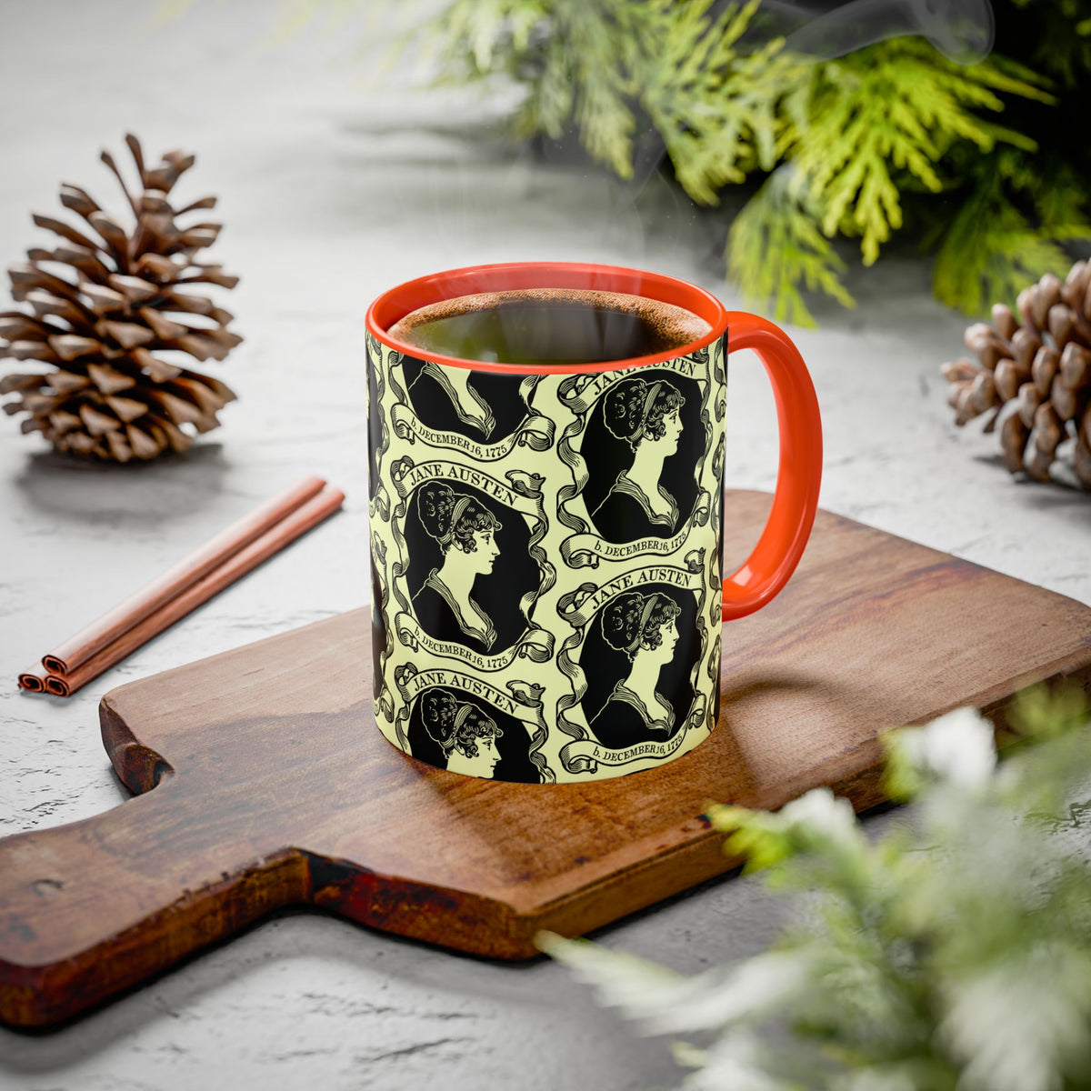 Jane Austen Cameo Pattern Coffee Mug — Literary Tea & Coffee Cup (11oz/15oz)