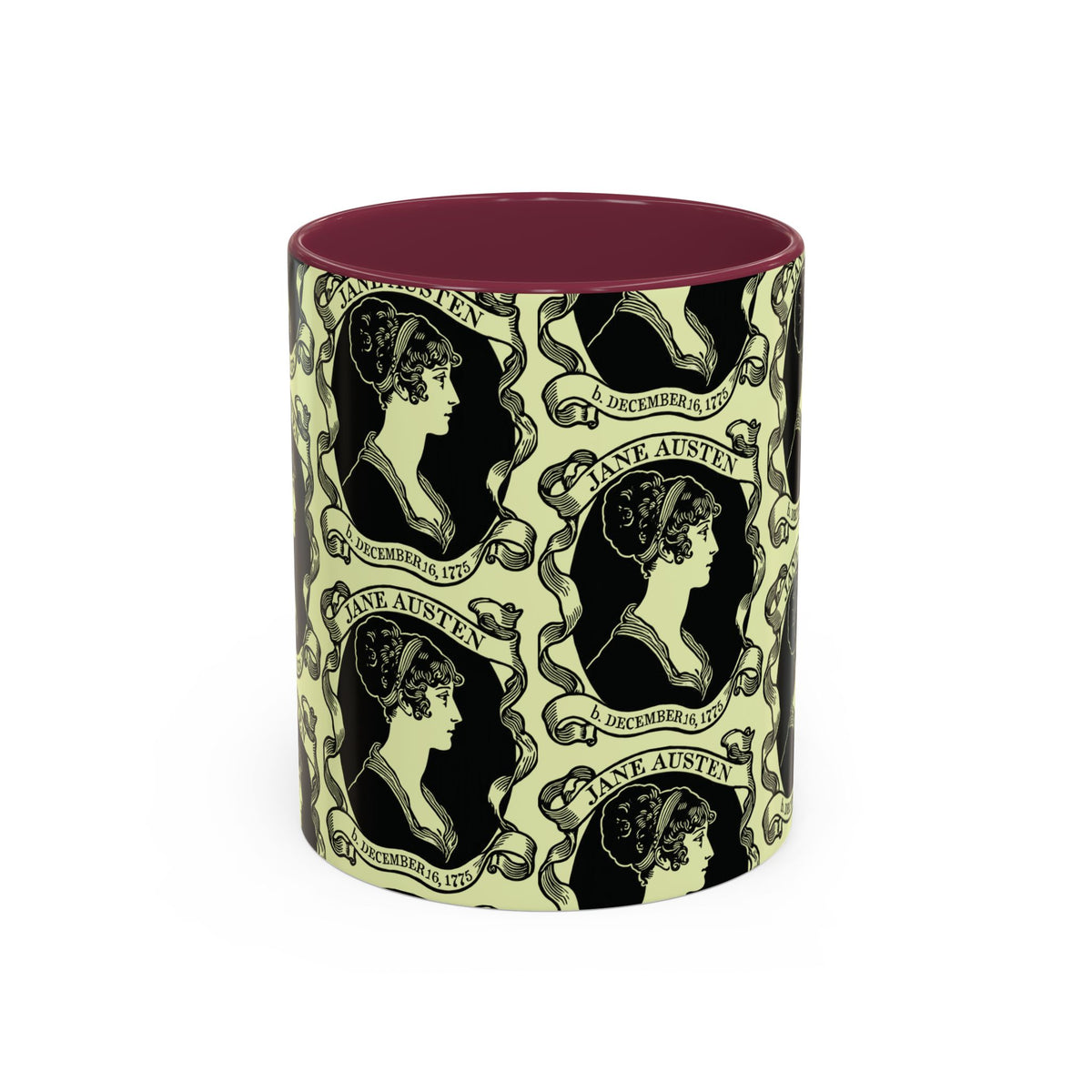 Jane Austen Cameo Pattern Coffee Mug — Literary Tea & Coffee Cup (11oz/15oz)