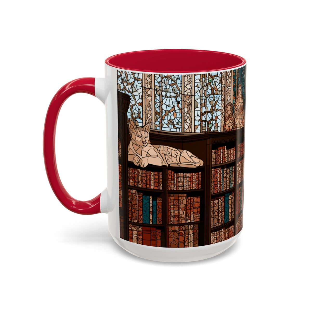 Cozy Library/Bookstore - Stained Glass Illustration Mug | Color Accent Ceramic Mug