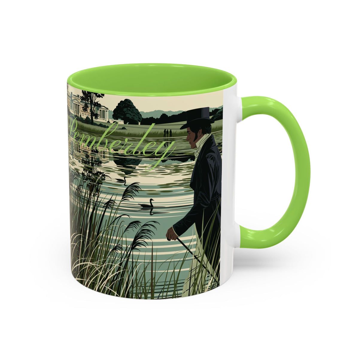 Strolling Lakeside with Mr. Darcy  —  Scenic Lakeside Vintage Gentleman Mug (11oz & 15oz)