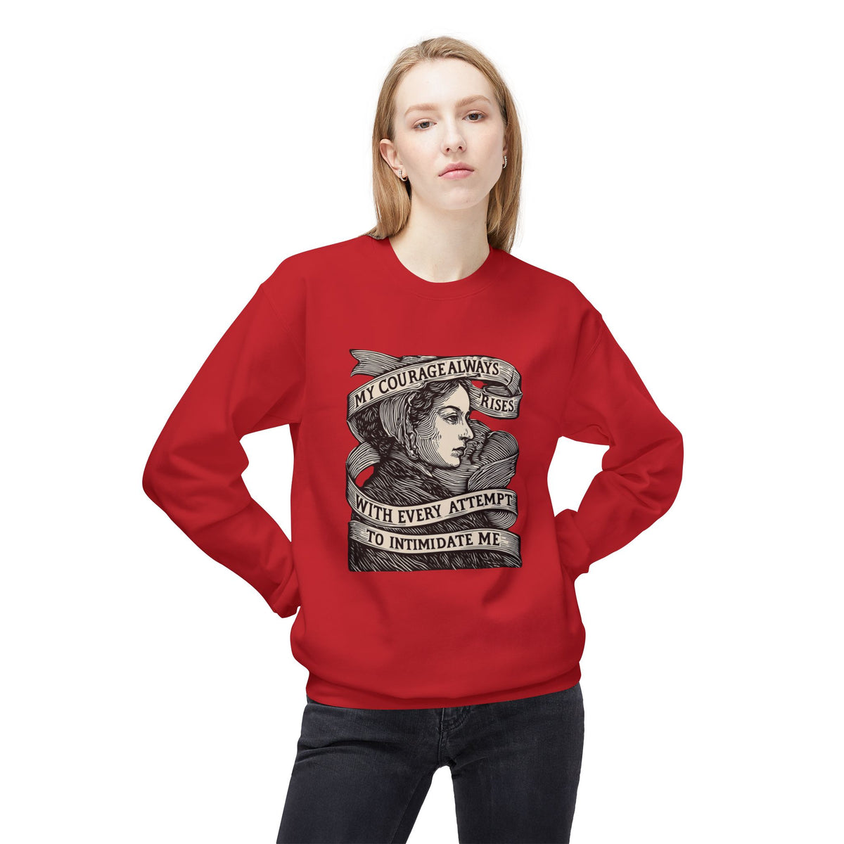 Courage Rises Crewneck Sweatshirt — Vintage Feminist Quote Graphic
