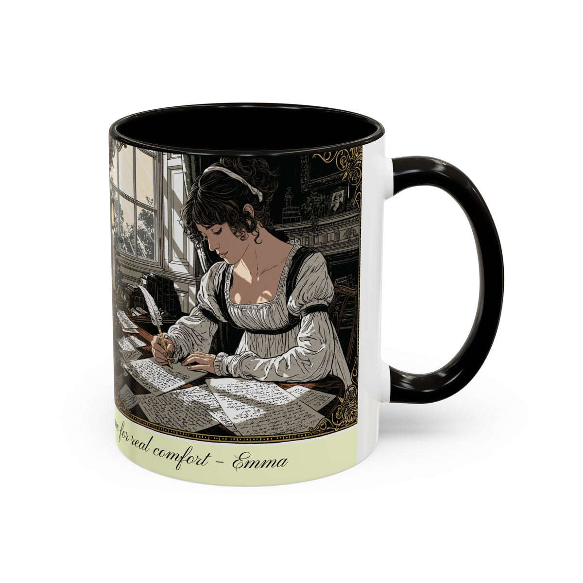 Regency Tea Quote Mug — 'Young Jane Austen Writing at Her Desk' Ceramic Coffee & Tea Cup (11oz/15oz)