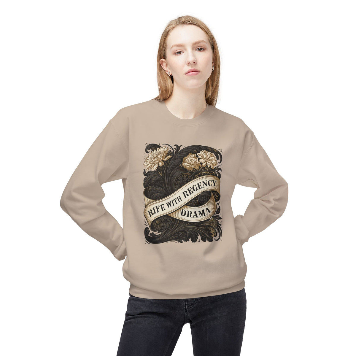 Regency Drama Crewneck Sweatshirt — "Rife With Regency Drama" Vintage Floral Graphic