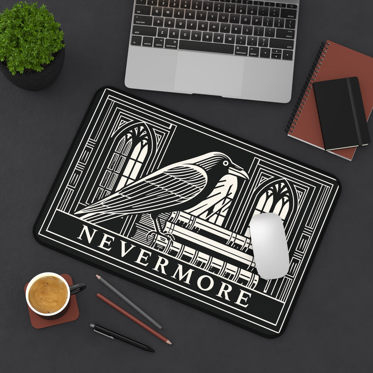 Nevermore Raven Illustration Desk Mat | Gothic Poe Library Design
