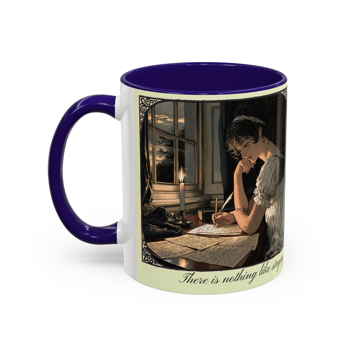 Regency Tea Quote Mug — 'Young Jane Austen Writing at Her Desk' Ceramic Coffee & Tea Cup (11oz/15oz)