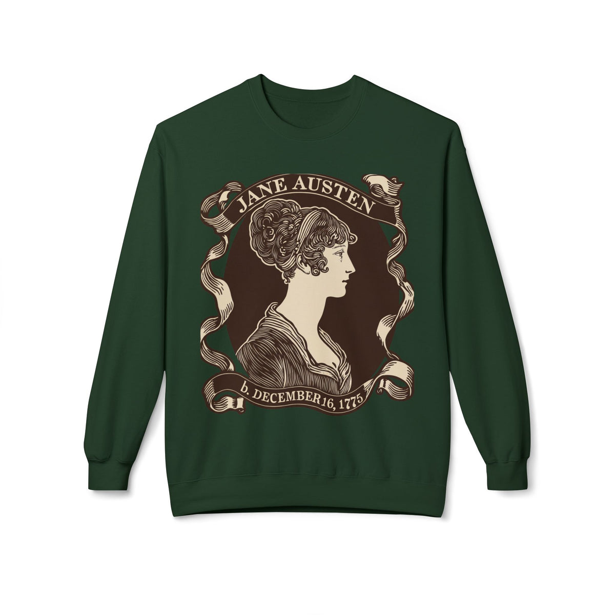 Jane Austen Portrait Crewneck Sweatshirt — "Birthdate" Cameo Silhouette Literary Sweatshirt