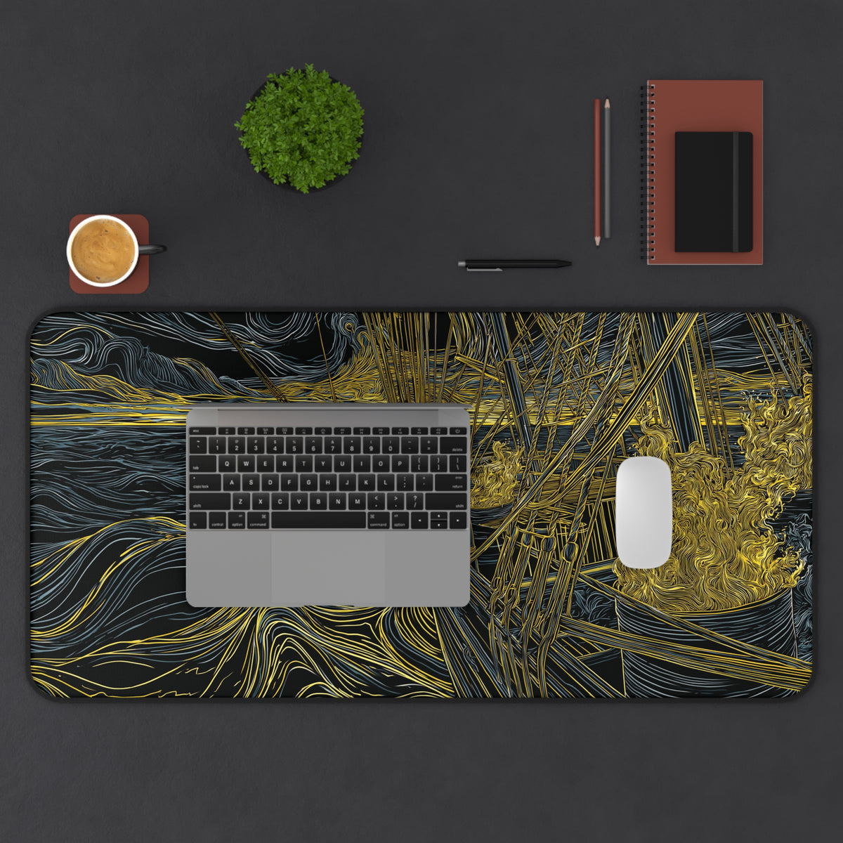PEQUOD Illustration Desk Mat | Melville Inspired Nautical Wave Art