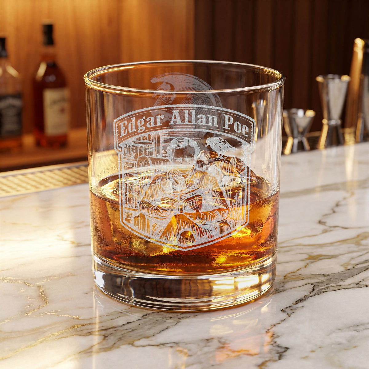Edgar Allan Poe Engraved Whiskey Glass — 10.5 oz Literary Raven Rocks Glass