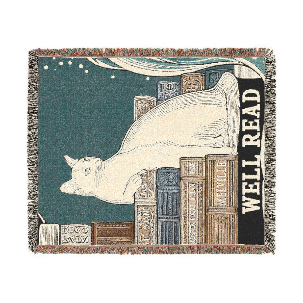 White Cat Library Motif Woven Blanket | Well Read Bookish Throw