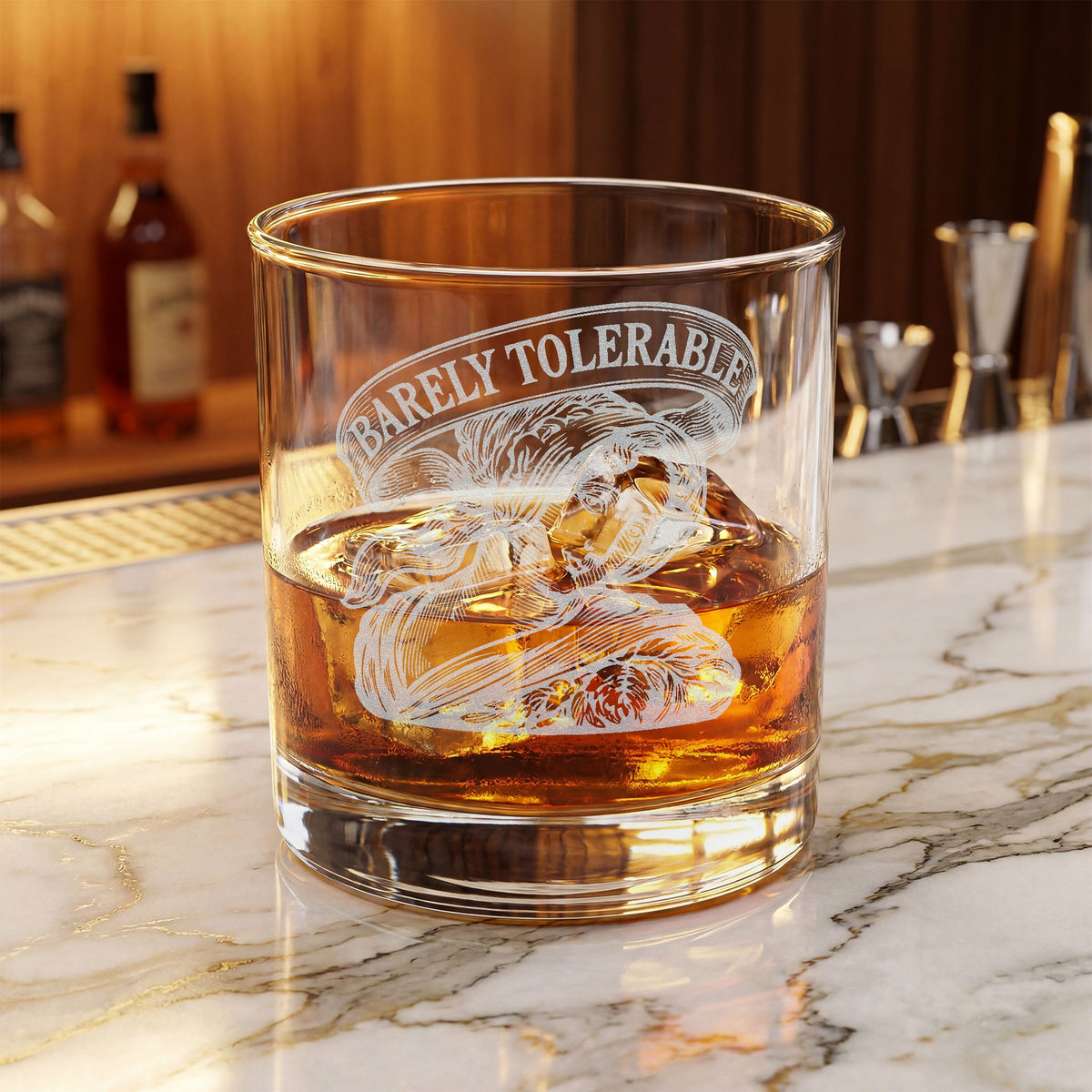 "Barely Tolerable" Tumbler— 10.5oz Engraved Whiskey Glass