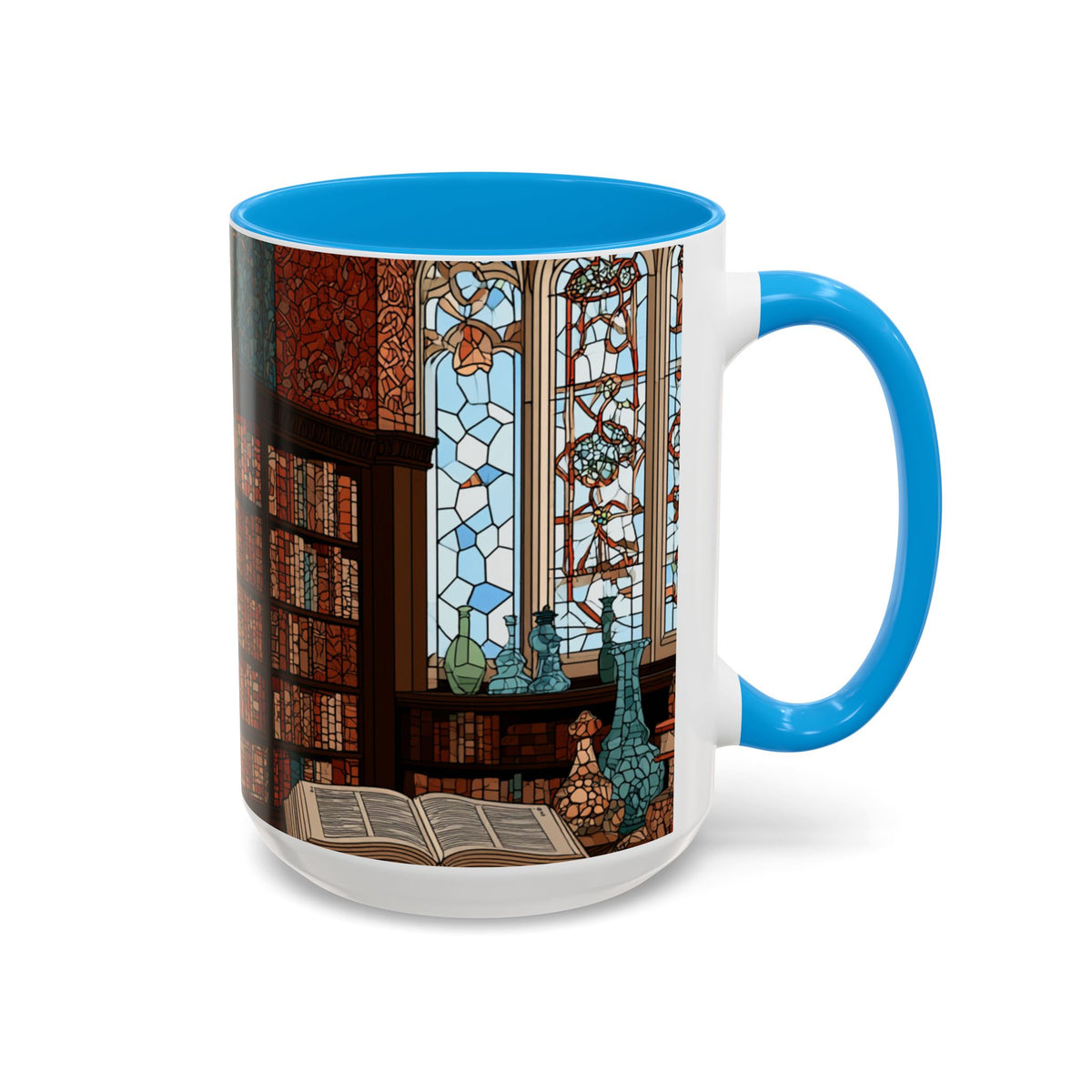 Cozy Library/Bookstore - Stained Glass Illustration Mug | Color Accent Ceramic Mug