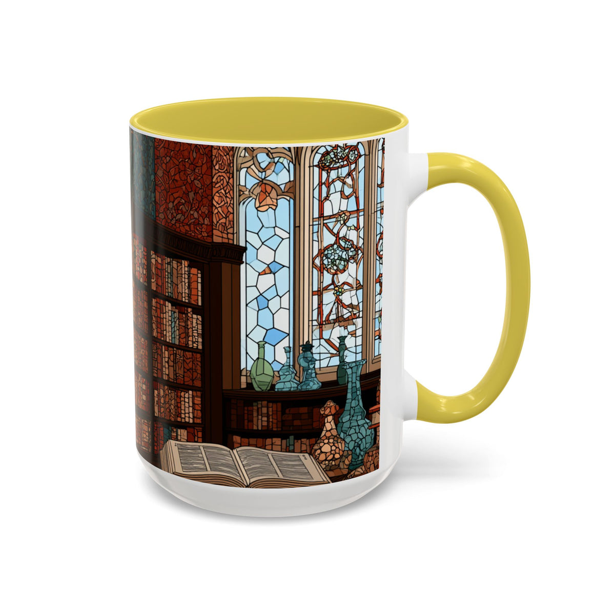 Cozy Library/Bookstore - Stained Glass Illustration Mug | Color Accent Ceramic Mug